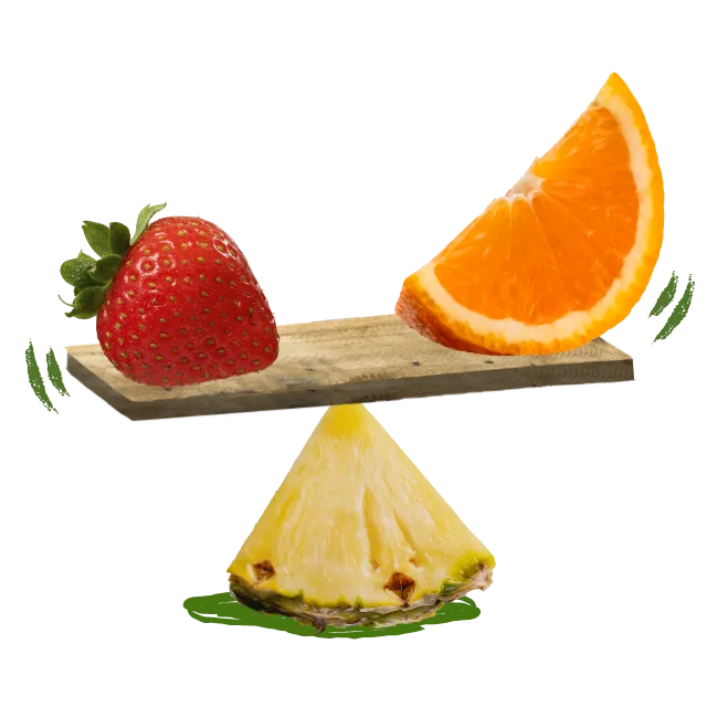fraise et orange en équilibre sur une balançoire en ananas